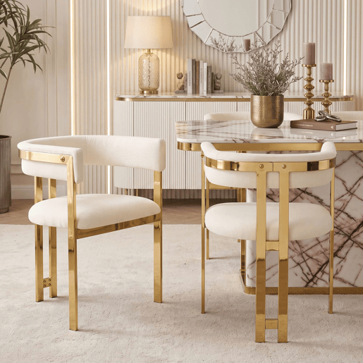 6 cadeiras de jantar u2014 modernas, confortáveis, estofadas em chenille com pés metálicos dourados u2014 bege e dourado 6 cadeiras de jantar u2014 modernas, confortáveis, estofadas em chenille com pés metálicos dourados u2014 bege e dourado
