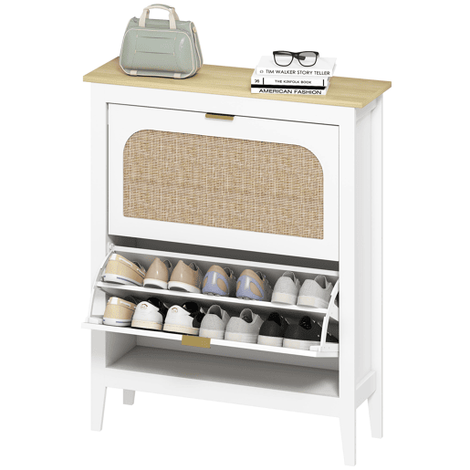 Sapateira estreita com 2 portas de rattan, prateleiras ajustáveis para 14 pares de sapatos, 80x24x95,5 cm, branca