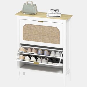 Sapateira estreita com 2 portas de rattan, prateleiras ajustáveis para 14 pares de sapatos, 80x24x95,5 cm, branca