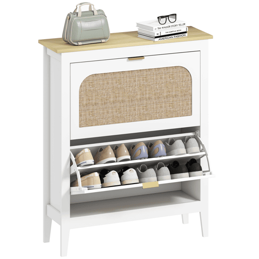 Sapateira estreita com 2 portas de rattan, prateleiras ajustáveis para 14 pares de sapatos, 80x24x95,5 cm, branca