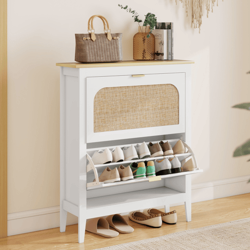 Sapateira estreita com 2 portas de rattan, prateleiras ajustáveis para 14 pares de sapatos, 80x24x95,5 cm, branca