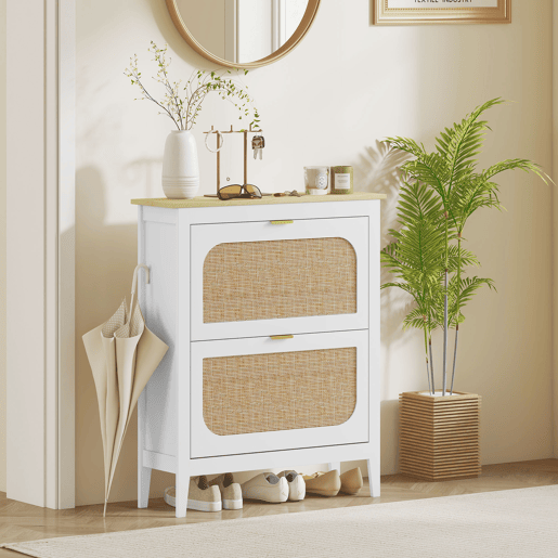 Sapateira estreita com 2 portas de rattan, prateleiras ajustáveis para 14 pares de sapatos, 80x24x95,5 cm, branca