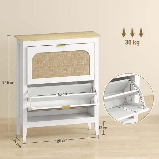 Sapateira estreita com 2 portas de rattan, prateleiras ajustáveis para 14 pares de sapatos, 80x24x95,5 cm, branca