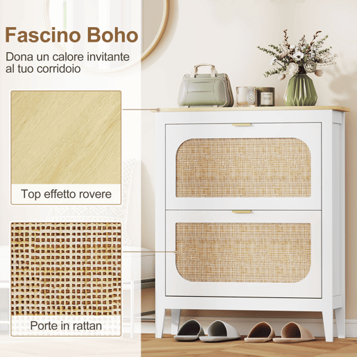 Sapateira estreita com 2 portas de rattan, prateleiras ajustáveis para 14 pares de sapatos, 80x24x95,5 cm, branca