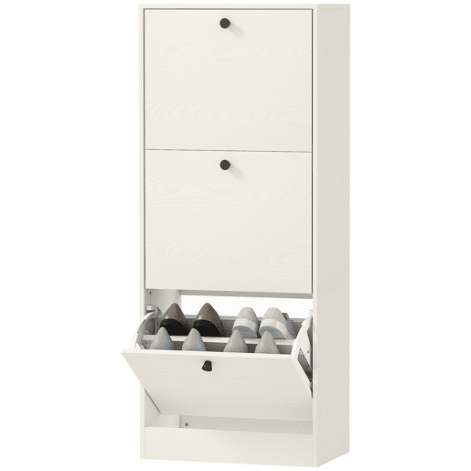Sapateira com 3 portas de abrir, prateleiras ajustáveis e design compacto, 47x28x115 cm, branca com acabamento em imitação de madeira Sapateira com 3 portas de abrir, prateleiras ajustáveis e design compacto, 47x28x115 cm, branca com acabamento em imitação de madeira