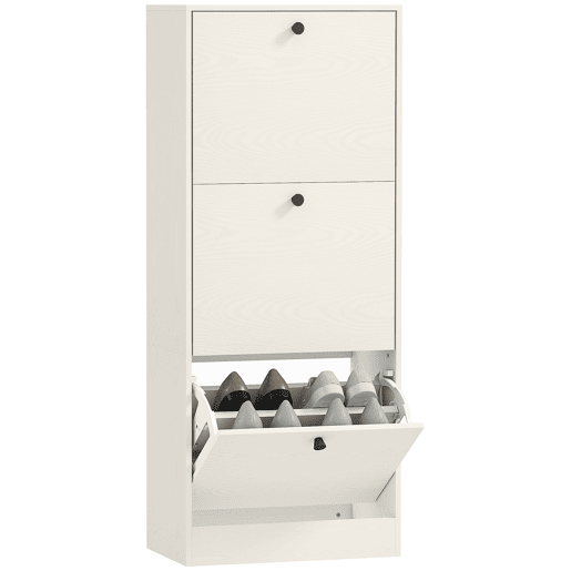 Sapateira com 3 portas de abrir, prateleiras ajustáveis e design compacto, 47x28x115 cm, branca com acabamento em imitação de madeira Sapateira com 3 portas de abrir, prateleiras ajustáveis e design compacto, 47x28x115 cm, branca com acabamento em imitação de madeira