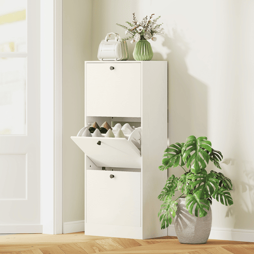 Sapateira com 3 portas de abrir, prateleiras ajustáveis e design compacto, 47x28x115 cm, branca com acabamento em imitação de madeira Sapateira com 3 portas de abrir, prateleiras ajustáveis e design compacto, 47x28x115 cm, branca com acabamento em imitação de madeira