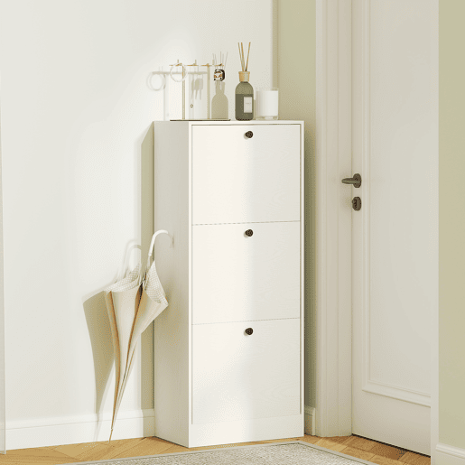 Sapateira com 3 portas de abrir, prateleiras ajustáveis e design compacto, 47x28x115 cm, branca com acabamento em imitação de madeira Sapateira com 3 portas de abrir, prateleiras ajustáveis e design compacto, 47x28x115 cm, branca com acabamento em imitação de madeira