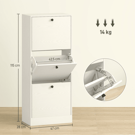 Sapateira com 3 portas de abrir, prateleiras ajustáveis e design compacto, 47x28x115 cm, branca com acabamento em imitação de madeira Sapateira com 3 portas de abrir, prateleiras ajustáveis e design compacto, 47x28x115 cm, branca com acabamento em imitação de madeira