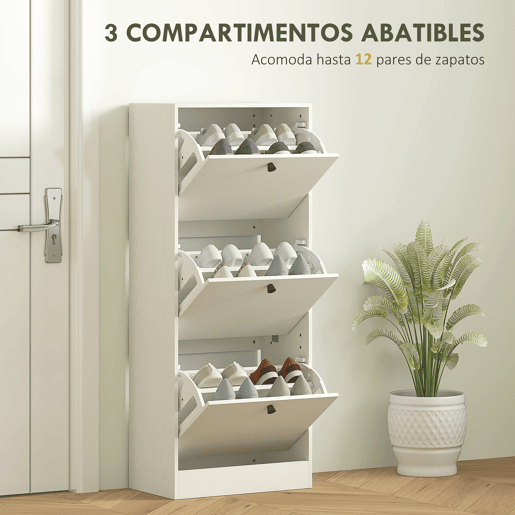 Sapateira com 3 portas de abrir, prateleiras ajustáveis e design compacto, 47x28x115 cm, branca com acabamento em imitação de madeira Sapateira com 3 portas de abrir, prateleiras ajustáveis e design compacto, 47x28x115 cm, branca com acabamento em imitação de madeira