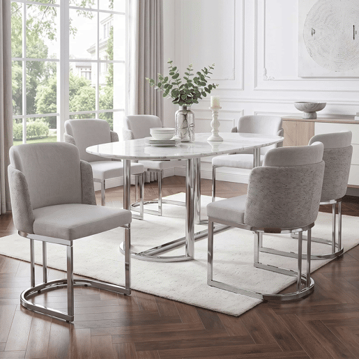6 cadeiras de jantar u2014 confortáveis e respiráveis, de estilo moderno com pernas galvanizadas prateadas e tecido de chenille u2014 cinzento claro + prateado 6 cadeiras de jantar u2014 confortáveis e respiráveis, de estilo moderno com pernas galvanizadas prateadas e tecido de chenille u2014 cinzento claro + prateado