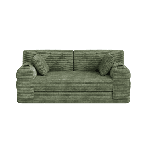 Sofá-cama de 2 lugares - sofá compacto em veludo cotelê com encosto alto, estrutura metálica, espuma de alta densidade, 2 suportes para copos e 4 bolsos laterais - Verde Sofá-cama de 2 lugares - sofá compacto em veludo cotelê com encosto alto, estrutura metálica, espuma de alta densidade, 2 suportes para copos e 4 bolsos laterais - Verde
