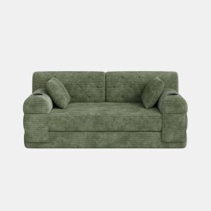Sofá-cama de 2 lugares - sofá compacto em veludo cotelê com encosto alto, estrutura metálica, espuma de alta densidade, 2 suportes para copos e 4 bolsos laterais - Verde