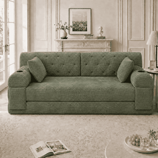 Sofá-cama de 2 lugares - sofá compacto em veludo cotelê com encosto alto, estrutura metálica, espuma de alta densidade, 2 suportes para copos e 4 bolsos laterais - Verde Sofá-cama de 2 lugares - sofá compacto em veludo cotelê com encosto alto, estrutura metálica, espuma de alta densidade, 2 suportes para copos e 4 bolsos laterais - Verde