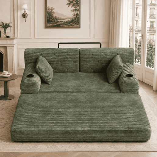 Sofá-cama de 2 lugares - sofá compacto em veludo cotelê com encosto alto, estrutura metálica, espuma de alta densidade, 2 suportes para copos e 4 bolsos laterais - Verde Sofá-cama de 2 lugares - sofá compacto em veludo cotelê com encosto alto, estrutura metálica, espuma de alta densidade, 2 suportes para copos e 4 bolsos laterais - Verde
