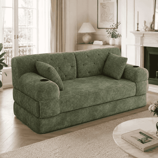 Sofá-cama de 2 lugares - sofá compacto em veludo cotelê com encosto alto, estrutura metálica, espuma de alta densidade, 2 suportes para copos e 4 bolsos laterais - Verde Sofá-cama de 2 lugares - sofá compacto em veludo cotelê com encosto alto, estrutura metálica, espuma de alta densidade, 2 suportes para copos e 4 bolsos laterais - Verde