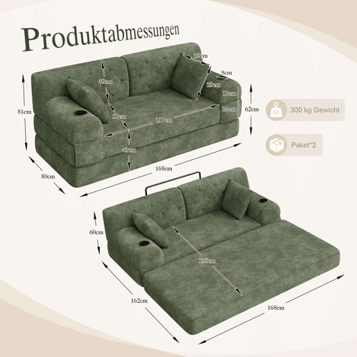 Sofá-cama de 2 lugares - sofá compacto em veludo cotelê com encosto alto, estrutura metálica, espuma de alta densidade, 2 suportes para copos e 4 bolsos laterais - Verde Sofá-cama de 2 lugares - sofá compacto em veludo cotelê com encosto alto, estrutura metálica, espuma de alta densidade, 2 suportes para copos e 4 bolsos laterais - Verde