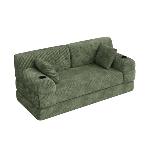 Sofá-cama de 2 lugares - sofá compacto em veludo cotelê com encosto alto, estrutura metálica, espuma de alta densidade, 2 suportes para copos e 4 bolsos laterais - Verde Sofá-cama de 2 lugares - sofá compacto em veludo cotelê com encosto alto, estrutura metálica, espuma de alta densidade, 2 suportes para copos e 4 bolsos laterais - Verde