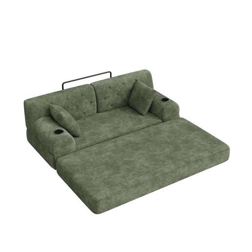 Sofá-cama de 2 lugares - sofá compacto em veludo cotelê com encosto alto, estrutura metálica, espuma de alta densidade, 2 suportes para copos e 4 bolsos laterais - Verde Sofá-cama de 2 lugares - sofá compacto em veludo cotelê com encosto alto, estrutura metálica, espuma de alta densidade, 2 suportes para copos e 4 bolsos laterais - Verde