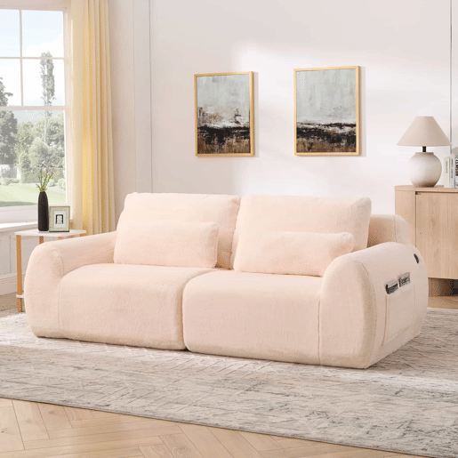 Sofá de 2 lugares - tecido felpudo sintético estilo coelho, macio e de alta resiliência, porta de carregamento USB, bolso lateral para revistas - Rosa Sofá de 2 lugares - tecido felpudo sintético estilo coelho, macio e de alta resiliência, porta de carregamento USB, bolso lateral para revistas - Rosa
