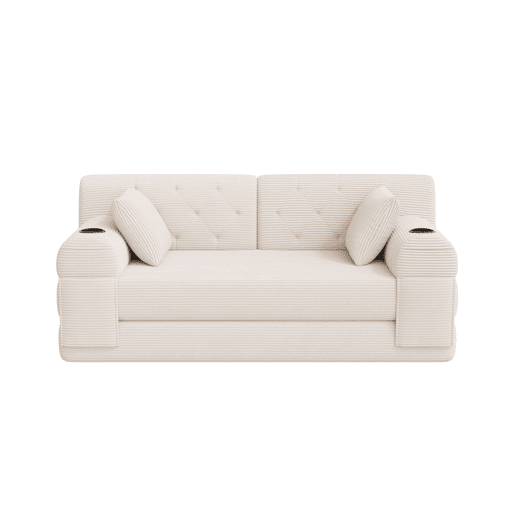 Sofá-cama de 2 lugares - encosto alto, sofá em veludo comprimido com estrutura metálica, espuma de alta densidade, porta-copos e bolsos laterais - Bege Sofá-cama de 2 lugares - encosto alto, sofá em veludo comprimido com estrutura metálica, espuma de alta densidade, porta-copos e bolsos laterais - Bege