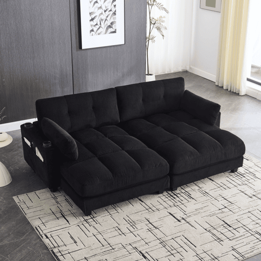 Sofá de 2 lugares - modular com 2 almofadas, 4 porta-copos, bolsos laterais e portas USB - preto Sofá de 2 lugares - modular com 2 almofadas, 4 porta-copos, bolsos laterais e portas USB - preto