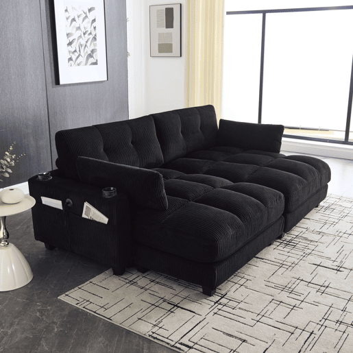 Sofá de 2 lugares - modular com 2 almofadas, 4 porta-copos, bolsos laterais e portas USB - preto Sofá de 2 lugares - modular com 2 almofadas, 4 porta-copos, bolsos laterais e portas USB - preto