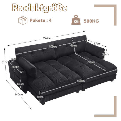 Sofá de 2 lugares - modular com 2 almofadas, 4 porta-copos, bolsos laterais e portas USB - preto Sofá de 2 lugares - modular com 2 almofadas, 4 porta-copos, bolsos laterais e portas USB - preto