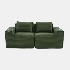 Sofá modular de 2 lugares - Estofado em veludo cotelê com porta-copos e bolsos laterais, molas ensacadas e espuma de alta densidade, não requer montagem - Verde