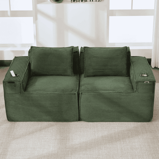 Sofá modular de 2 lugares - Estofado em veludo cotelê com porta-copos e bolsos laterais, molas ensacadas e espuma de alta densidade, não requer montagem - Verde