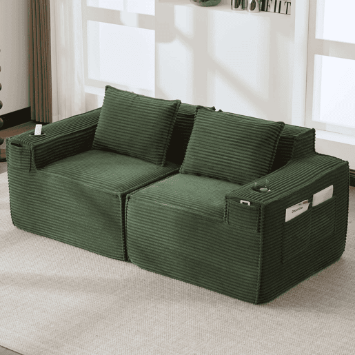 Sofá modular de 2 lugares - Estofado em veludo cotelê com porta-copos e bolsos laterais, molas ensacadas e espuma de alta densidade, não requer montagem - Verde