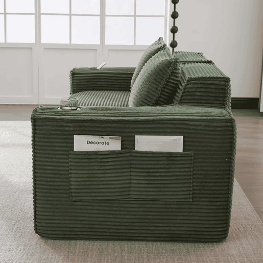 Sofá modular de 2 lugares - Estofado em veludo cotelê com porta-copos e bolsos laterais, molas ensacadas e espuma de alta densidade, não requer montagem - Verde