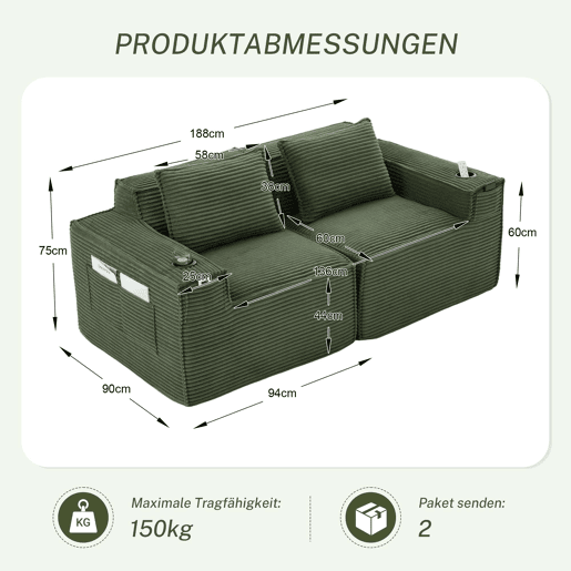 Sofá modular de 2 lugares - Estofado em veludo cotelê com porta-copos e bolsos laterais, molas ensacadas e espuma de alta densidade, não requer montagem - Verde