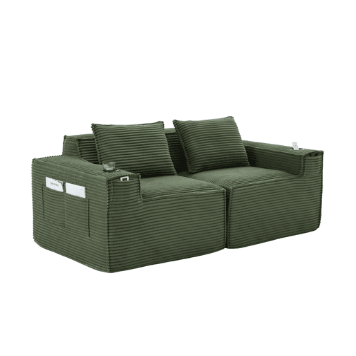 Sofá modular de 2 lugares - Estofado em veludo cotelê com porta-copos e bolsos laterais, molas ensacadas e espuma de alta densidade, não requer montagem - Verde