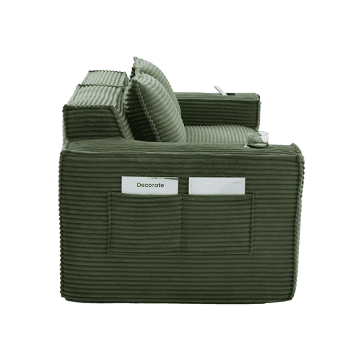 Sofá modular de 2 lugares - Estofado em veludo cotelê com porta-copos e bolsos laterais, molas ensacadas e espuma de alta densidade, não requer montagem - Verde