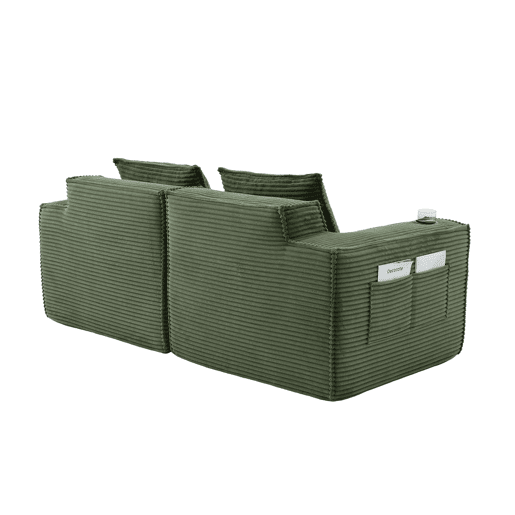 Sofá modular de 2 lugares - Estofado em veludo cotelê com porta-copos e bolsos laterais, molas ensacadas e espuma de alta densidade, não requer montagem - Verde
