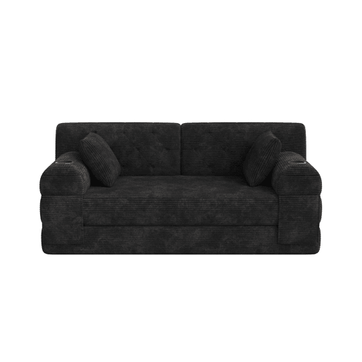 Sofá-cama de 2 lugares - encosto alto, estrutura metálica, espuma de alta densidade, 2 suportes para copos e bolsos laterais - Preto Sofá-cama de 2 lugares - encosto alto, estrutura metálica, espuma de alta densidade, 2 suportes para copos e bolsos laterais - Preto