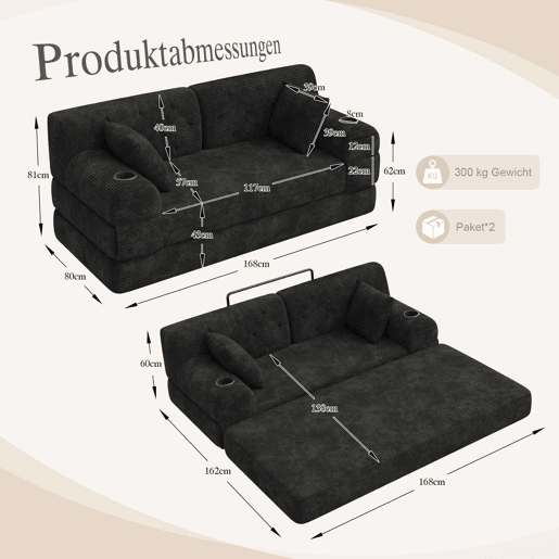 Sofá-cama de 2 lugares - encosto alto, estrutura metálica, espuma de alta densidade, 2 suportes para copos e bolsos laterais - Preto Sofá-cama de 2 lugares - encosto alto, estrutura metálica, espuma de alta densidade, 2 suportes para copos e bolsos laterais - Preto
