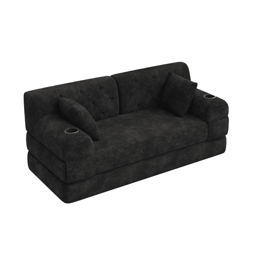 Sofá-cama de 2 lugares - encosto alto, estrutura metálica, espuma de alta densidade, 2 suportes para copos e bolsos laterais - Preto Sofá-cama de 2 lugares - encosto alto, estrutura metálica, espuma de alta densidade, 2 suportes para copos e bolsos laterais - Preto