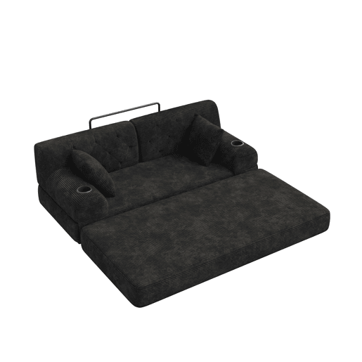 Sofá-cama de 2 lugares - encosto alto, estrutura metálica, espuma de alta densidade, 2 suportes para copos e bolsos laterais - Preto Sofá-cama de 2 lugares - encosto alto, estrutura metálica, espuma de alta densidade, 2 suportes para copos e bolsos laterais - Preto