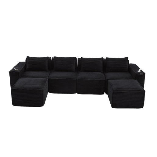 Sofá modular de 4 lugares em veludo - com 2 pufes, porta-copos, bolsos laterais, molas ensacadas e espuma de alta densidade, embalagem compacta sem montagem - Preto Sofá modular de 4 lugares em veludo - com 2 pufes, porta-copos, bolsos laterais, molas ensacadas e espuma de alta densidade, embalagem compacta sem montagem - Preto