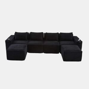 Sofá modular de 4 lugares em veludo - com 2 pufes, porta-copos, bolsos laterais, molas ensacadas e espuma de alta densidade, embalagem compacta sem montagem - Preto