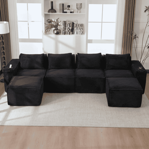 Sofá modular de 4 lugares em veludo - com 2 pufes, porta-copos, bolsos laterais, molas ensacadas e espuma de alta densidade, embalagem compacta sem montagem - Preto Sofá modular de 4 lugares em veludo - com 2 pufes, porta-copos, bolsos laterais, molas ensacadas e espuma de alta densidade, embalagem compacta sem montagem - Preto