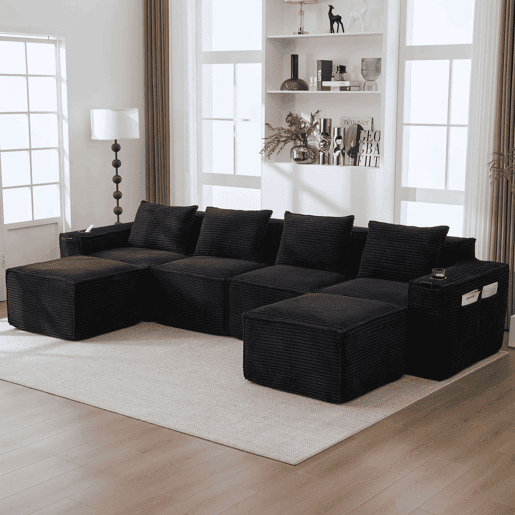 Sofá modular de 4 lugares em veludo - com 2 pufes, porta-copos, bolsos laterais, molas ensacadas e espuma de alta densidade, embalagem compacta sem montagem - Preto Sofá modular de 4 lugares em veludo - com 2 pufes, porta-copos, bolsos laterais, molas ensacadas e espuma de alta densidade, embalagem compacta sem montagem - Preto
