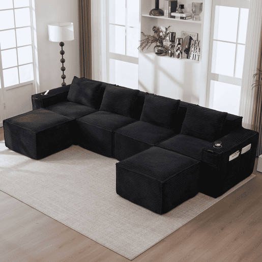 Sofá modular de 4 lugares em veludo - com 2 pufes, porta-copos, bolsos laterais, molas ensacadas e espuma de alta densidade, embalagem compacta sem montagem - Preto Sofá modular de 4 lugares em veludo - com 2 pufes, porta-copos, bolsos laterais, molas ensacadas e espuma de alta densidade, embalagem compacta sem montagem - Preto