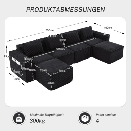 Sofá modular de 4 lugares em veludo - com 2 pufes, porta-copos, bolsos laterais, molas ensacadas e espuma de alta densidade, embalagem compacta sem montagem - Preto Sofá modular de 4 lugares em veludo - com 2 pufes, porta-copos, bolsos laterais, molas ensacadas e espuma de alta densidade, embalagem compacta sem montagem - Preto