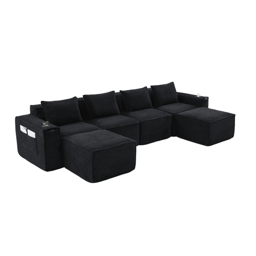 Sofá modular de 4 lugares em veludo - com 2 pufes, porta-copos, bolsos laterais, molas ensacadas e espuma de alta densidade, embalagem compacta sem montagem - Preto Sofá modular de 4 lugares em veludo - com 2 pufes, porta-copos, bolsos laterais, molas ensacadas e espuma de alta densidade, embalagem compacta sem montagem - Preto