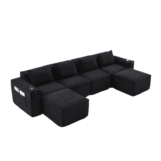Sofá modular de 4 lugares em veludo - com 2 pufes, porta-copos, bolsos laterais, molas ensacadas e espuma de alta densidade, embalagem compacta sem montagem - Preto Sofá modular de 4 lugares em veludo - com 2 pufes, porta-copos, bolsos laterais, molas ensacadas e espuma de alta densidade, embalagem compacta sem montagem - Preto