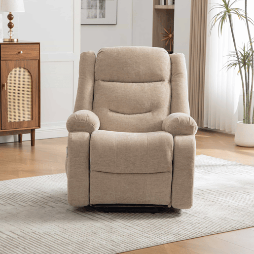 Poltrona relax elétrica - com função de assistência ao levantar, massagem e aquecimento, encosto e apoio para os pés elétricos ajustáveis, bolsos laterais - cáqui claro