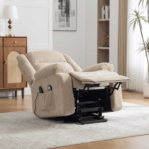 Poltrona relax elétrica - com função de assistência ao levantar, massagem e aquecimento, encosto e apoio para os pés elétricos ajustáveis, bolsos laterais - cáqui claro